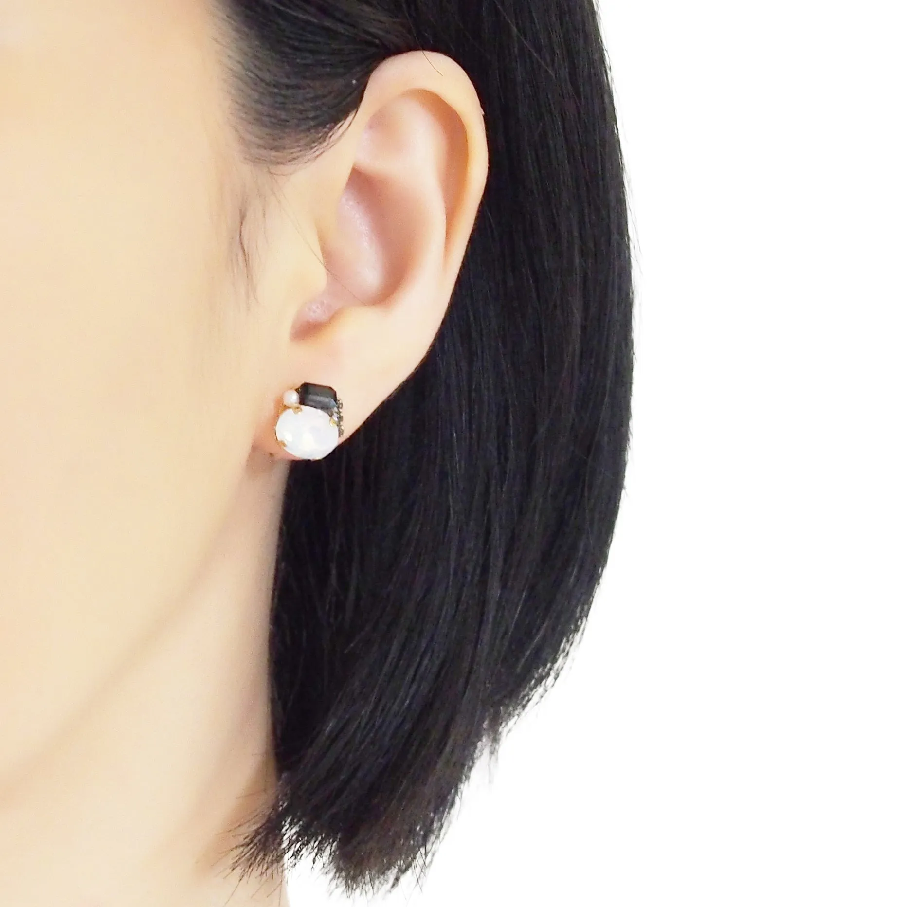 White and Black Rhinestone Invisible Clip On Stud Earrings ( Green )