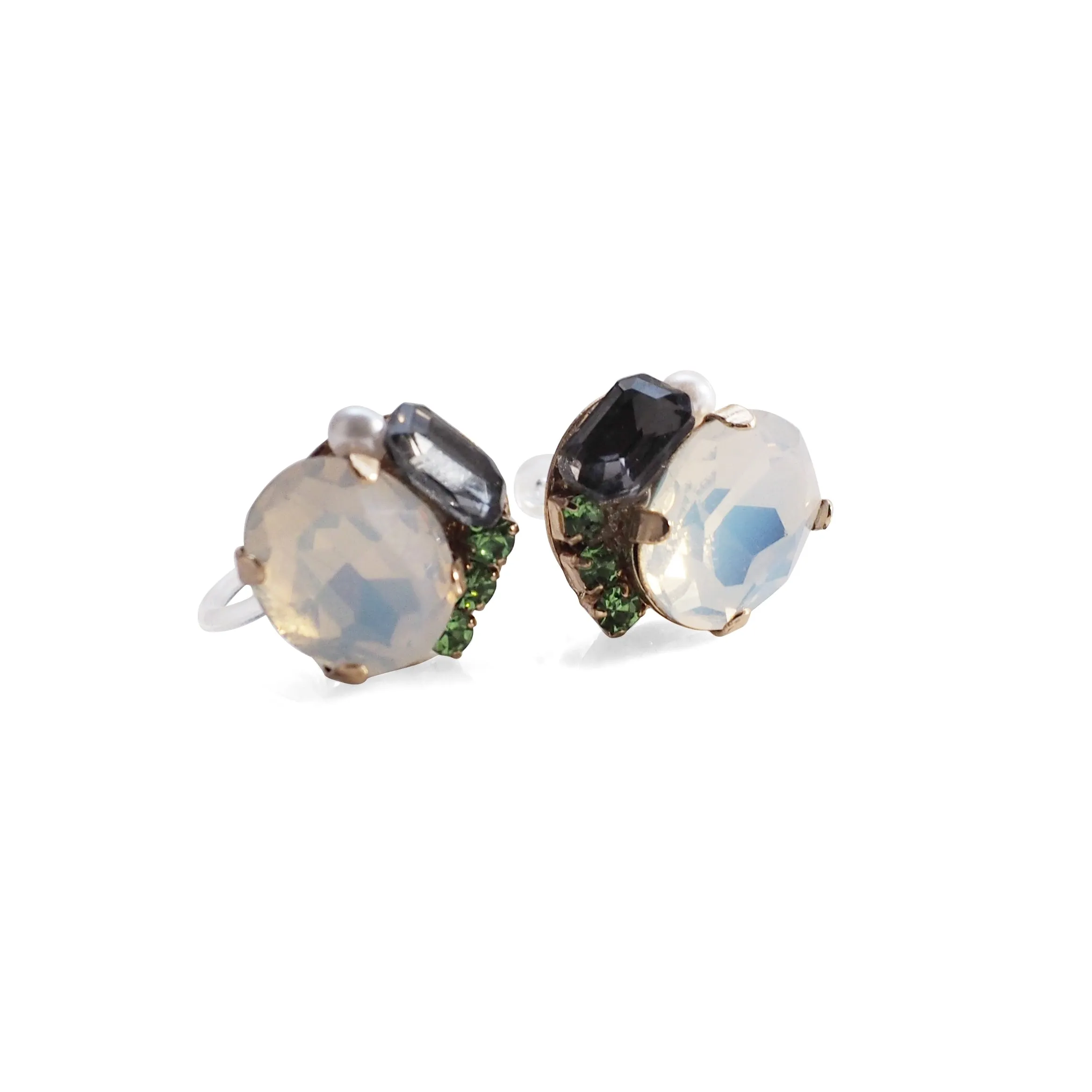 White and Black Rhinestone Invisible Clip On Stud Earrings ( Green )